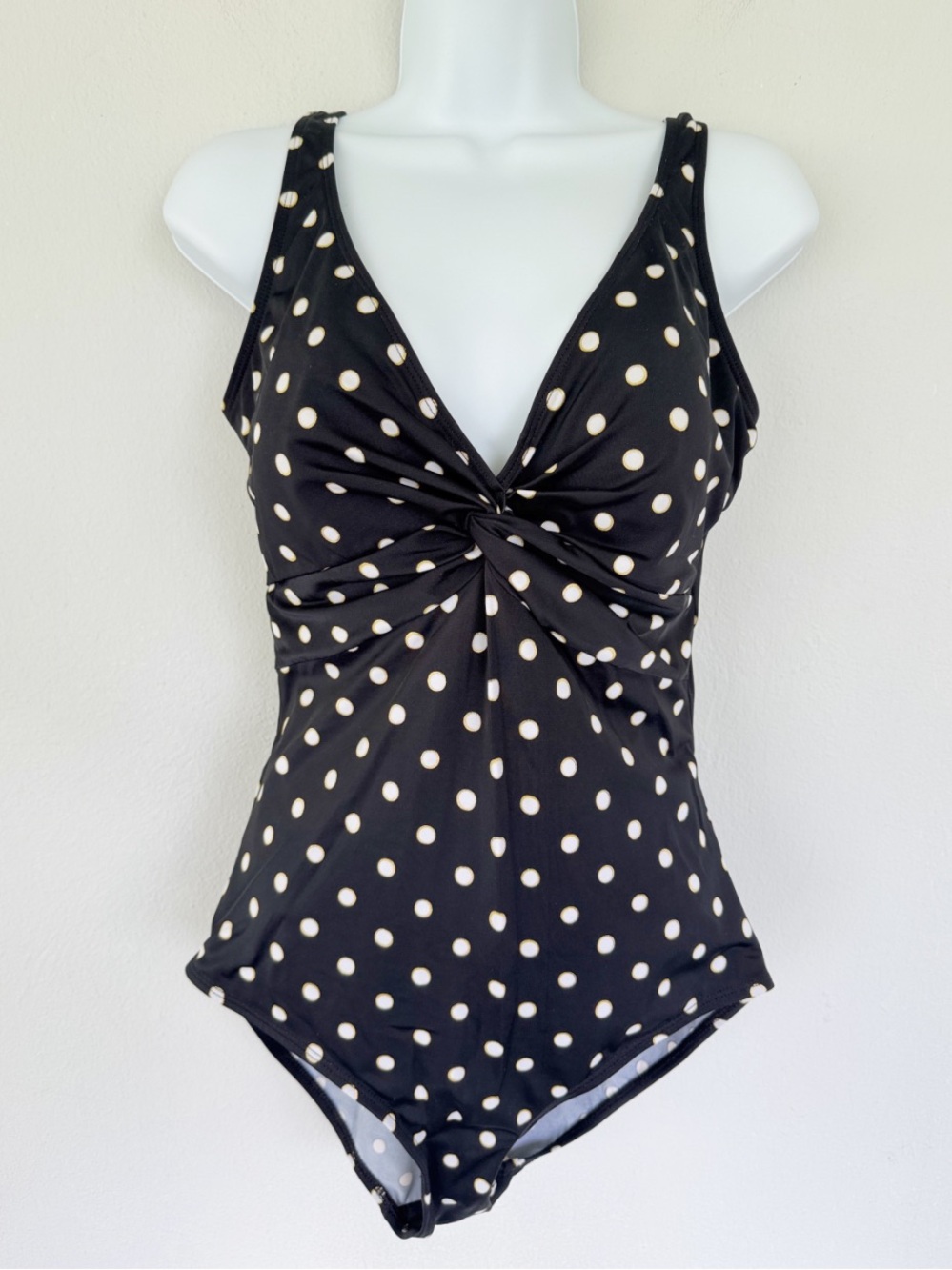 Roxanne black white polka dot twist v-neck one piece bathing suit size large